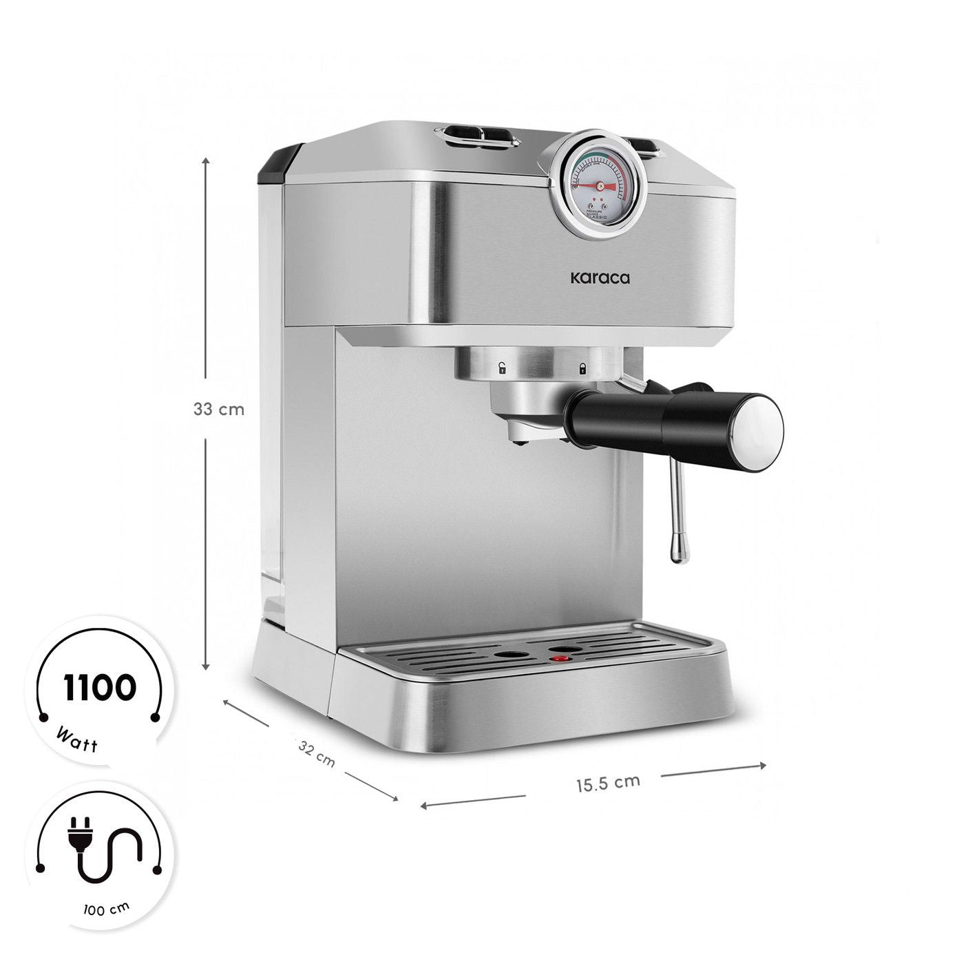 Karaca Coffee Art 1101 Kaffemaskine m/Mælkeskummer, 20 bar tryk, 1,5L 1100W
