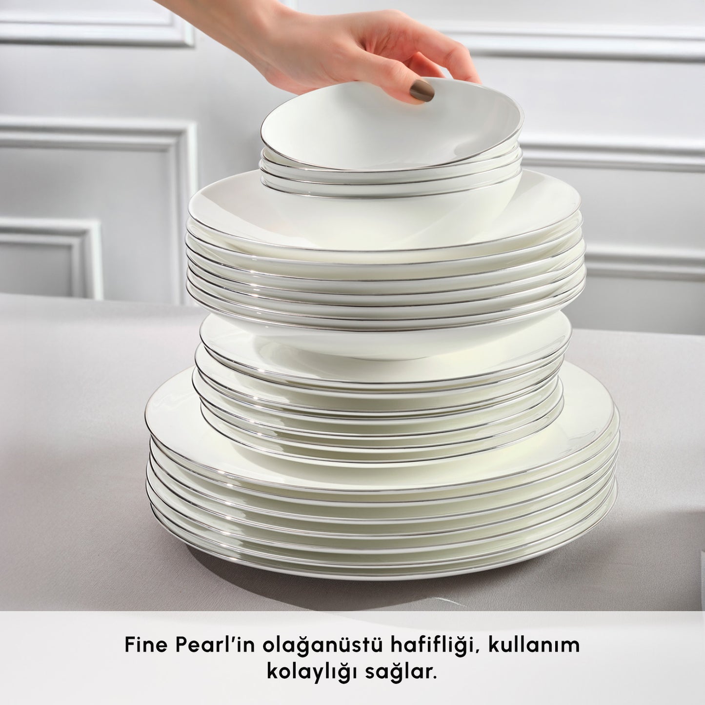 Karaca Fine Pearl Extra Chanak Middagssæt | 55 dele | 12 personer | Platin