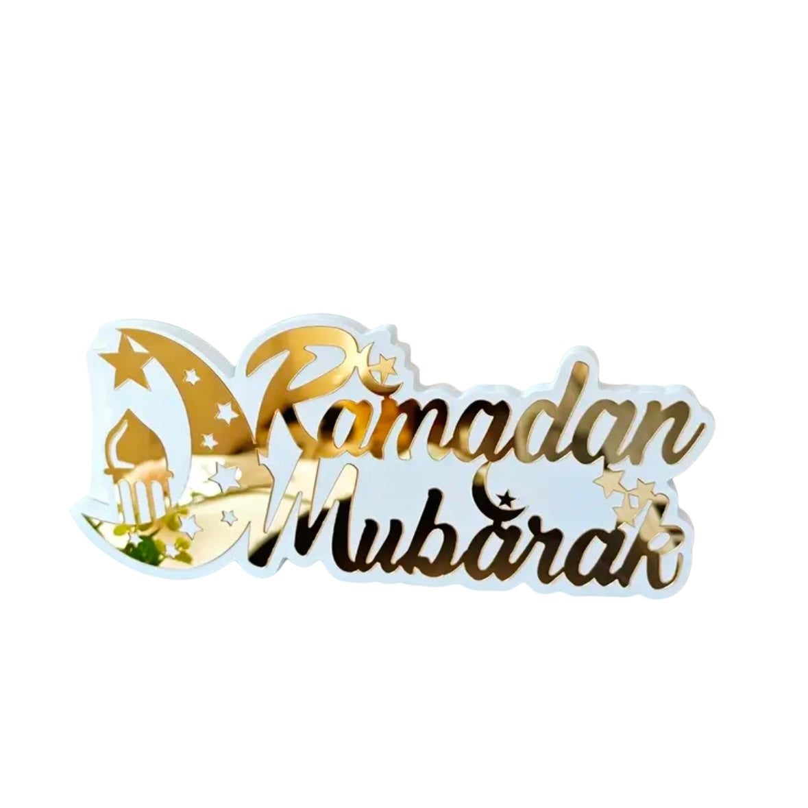 Ramadan Mubarak Skilt i Elegant Guld og Hvid Design - 29,5 x 13 cm