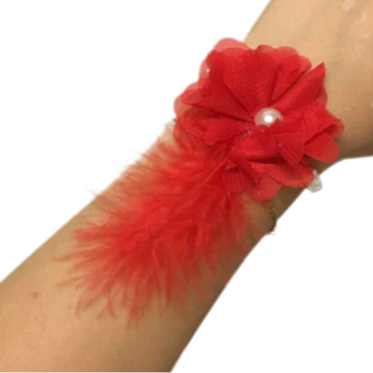 Brudepige Perle/Fjer Armbånd 10 Stk. Rød/Grøn/Burgundy/ Off White