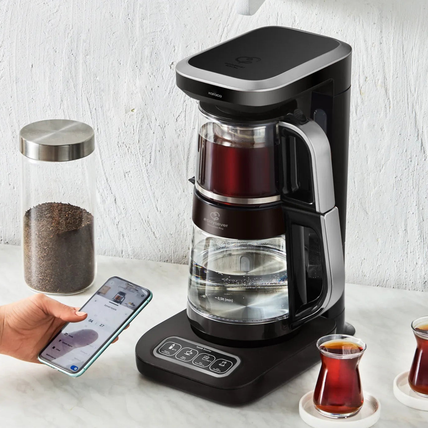 Karaca Çaysever Robotea Pro Connect 4-i-1 Talende Te- og Kaffemaskine 2500W – Sort/Sølv