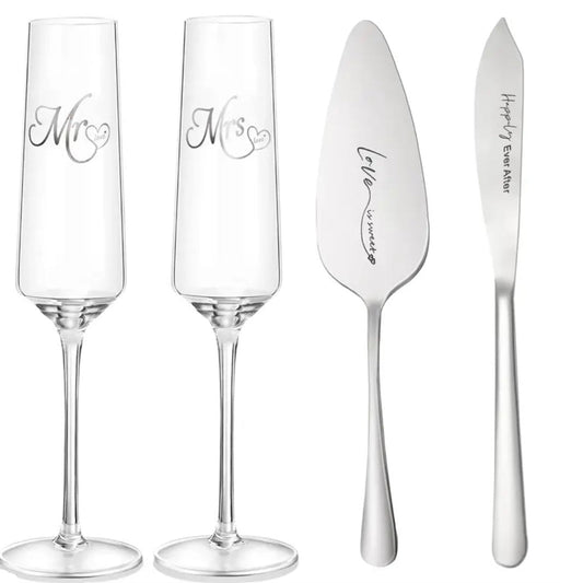 Bryllups Champagneglas- og Kagesæt m/Indgravering | 4 Dele | 175 ml. | Sølv