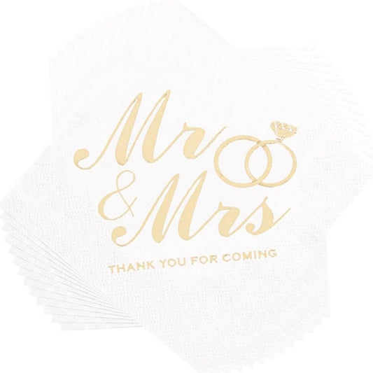 Bryllupsservietter 100 stk. 13x13 cm - Mr & Mrs - Hvid/Guld