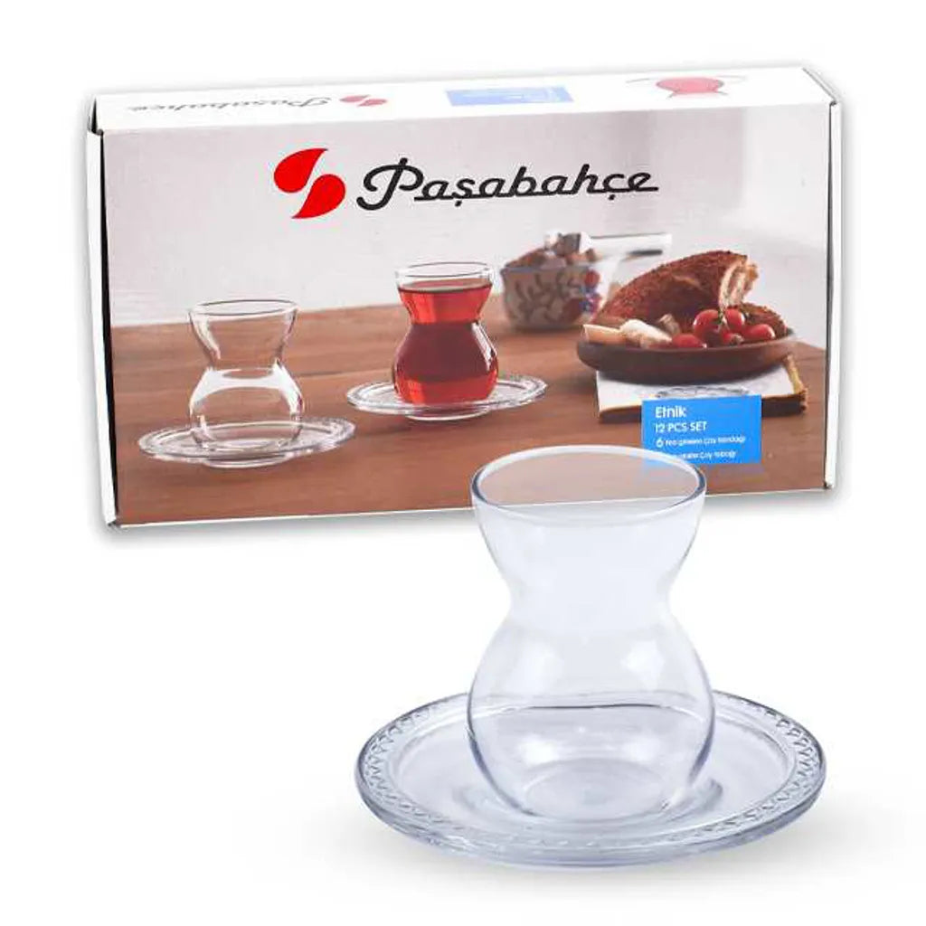 Te Glas Sæt 12 Dele 6 Glas 6 Underkopper. - Pasabahce Etnik - Løven Home