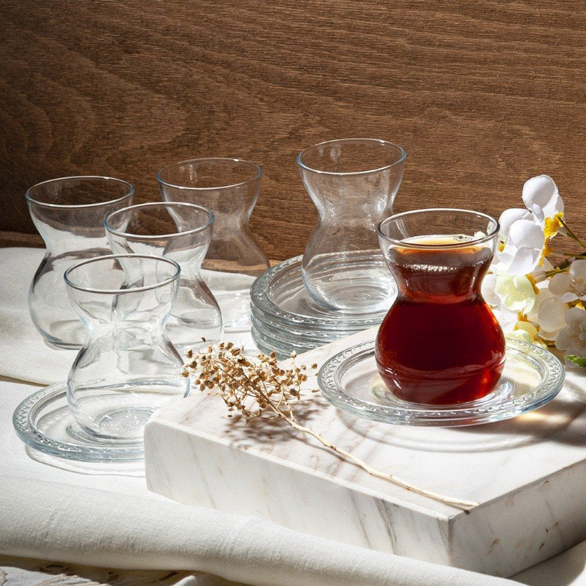 Te Glas Sæt 12 Dele 6 Glas 6 Underkopper. - Pasabahce Etnik - Løven Home