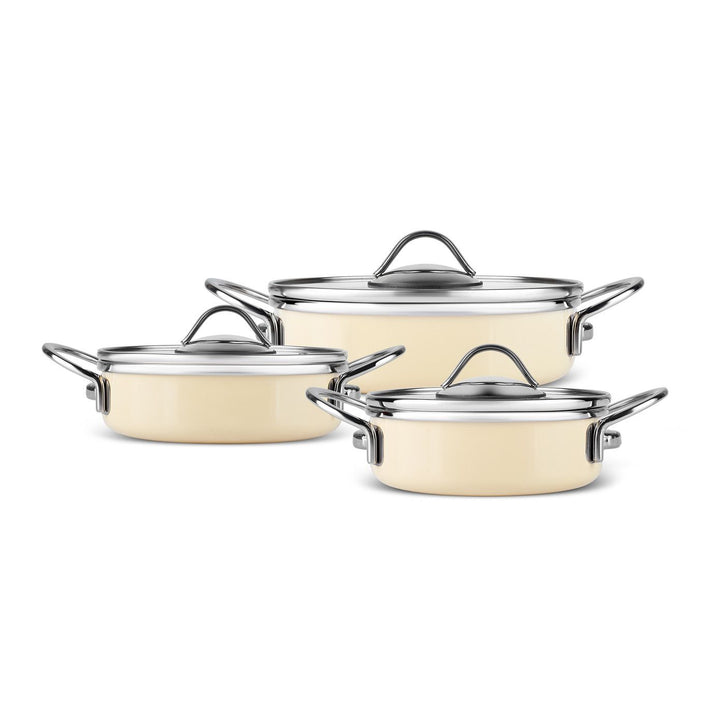 Karaca Erva Emaljeret Induktions Lavt Grydesæt 6 Dele 16-18-20 cm - Råhvid