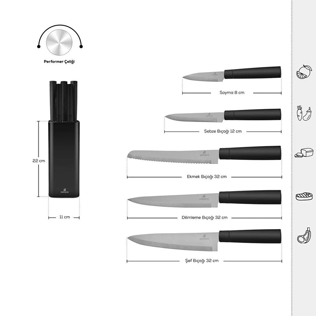 Karaca Grammy Knivsæt – 6 Dele i Stilrent Sort med Soft-Touch