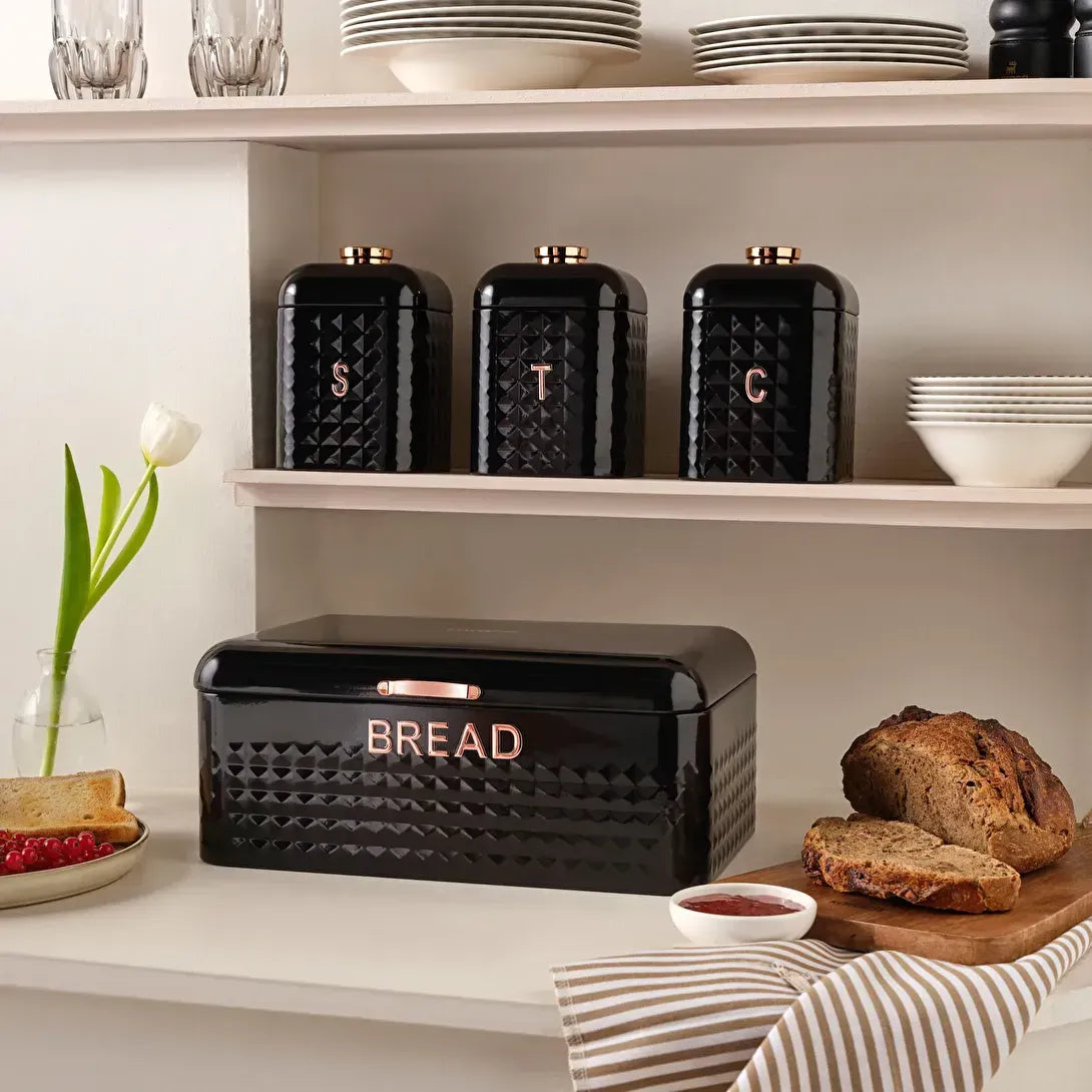 Karaca Elmas XL Brødkasse Sæt – Sort Diamant-design inkl. 3 Opbevaringskrukker