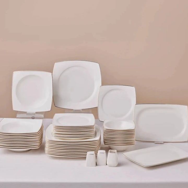 Karaca Square Bone - Jamie Tallerkensæt - 53 Dele | 12 Personer | Hvid/Guld