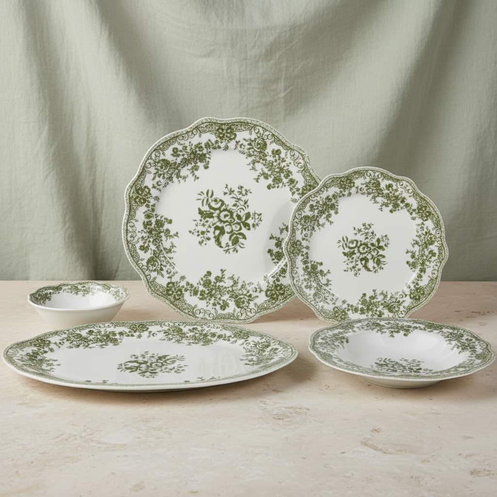 Bricard Fleury - Porcelæn tallerkensæt - 25 Dele | 6 Personer | Grøn