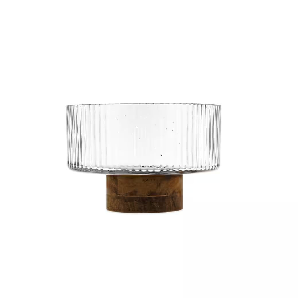 Almina - Terra Bowl Medio glasskål på træfod - Ø14 cm | Glas/akacietræ | Klar/brun