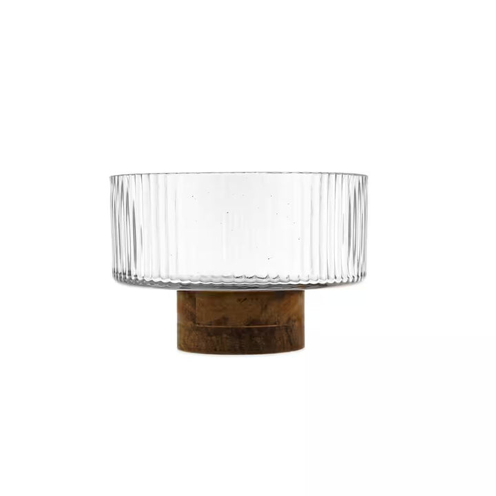Almina - Terra Bowl Medio glasskål på træfod - Ø14 cm | Glas/akacietræ | Klar/brun