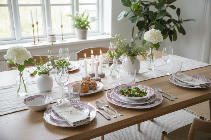 Bricard Fleury - Porcelæn tallerkensæt - 25 Dele | 6 Personer | Pink