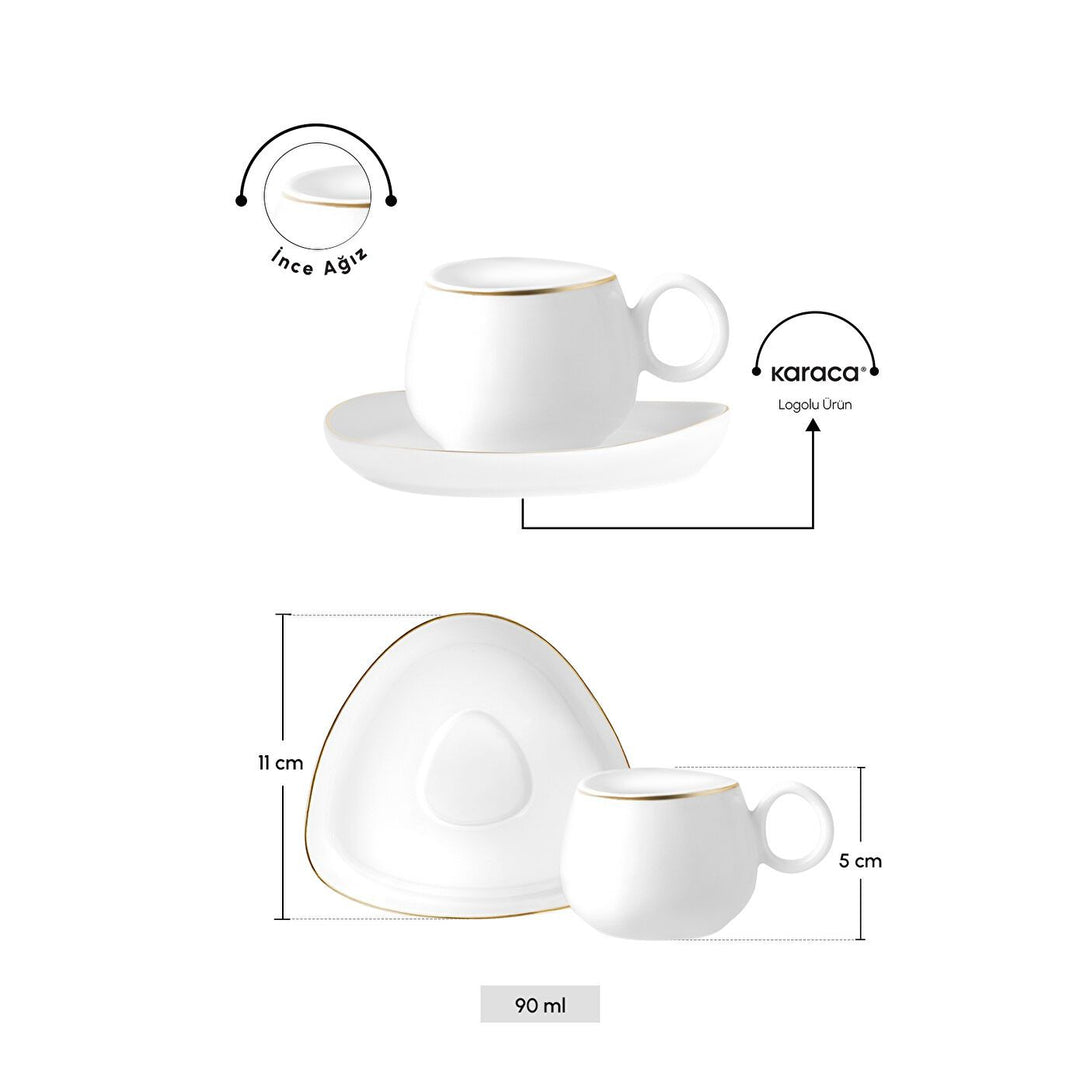 Karaca Streamline Tribe Espressosæt - til 2 Personer – 90 ml - Hvid/Guldkant