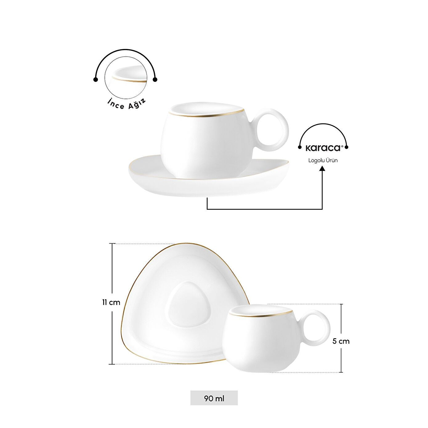 Karaca Streamline Tribe Espressosæt - til 2 Personer – 90 ml - Hvid/Guldkant