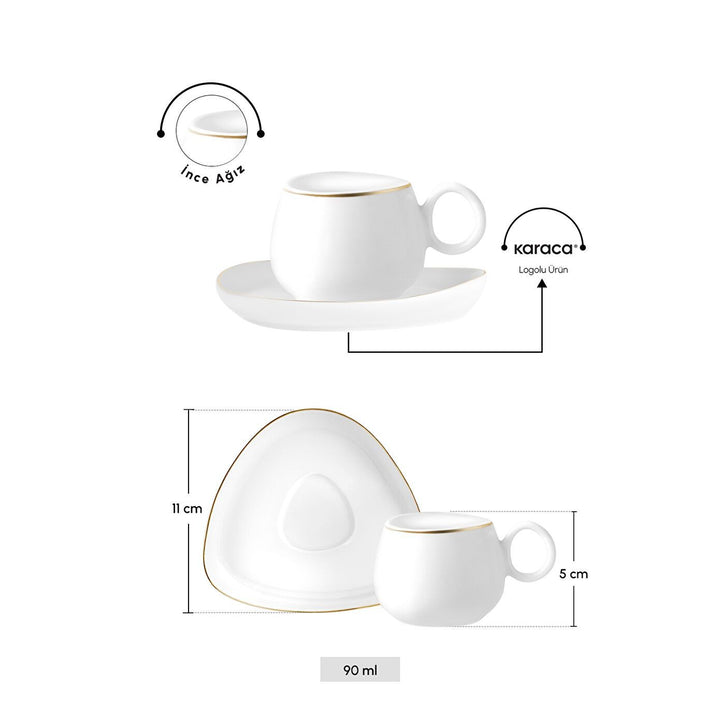 Karaca Streamline Tribe Espressosæt - til 2 Personer – 90 ml - Hvid/Guldkant