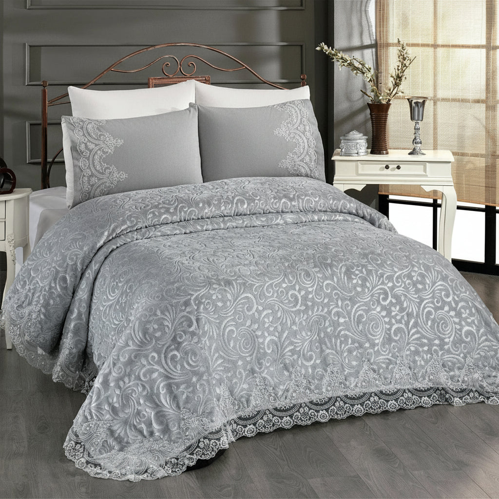 Berry Concept Sengetæppesæt (Battaniye) 235x245 cm | 3 Farver | Hvid/Beige/Grå