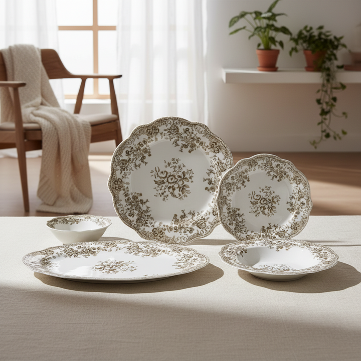 Bricard Fleury - Porcelæn tallerkensæt - 25 Dele | 6 Personer | Brun