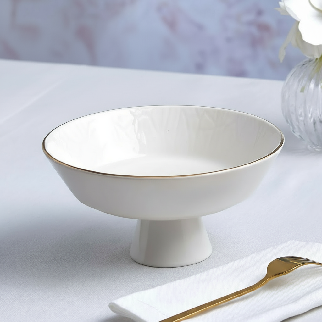 Karaca Calvin Porcelæn Serveringsskål På Fod | Hvid/Guld | 24 cm