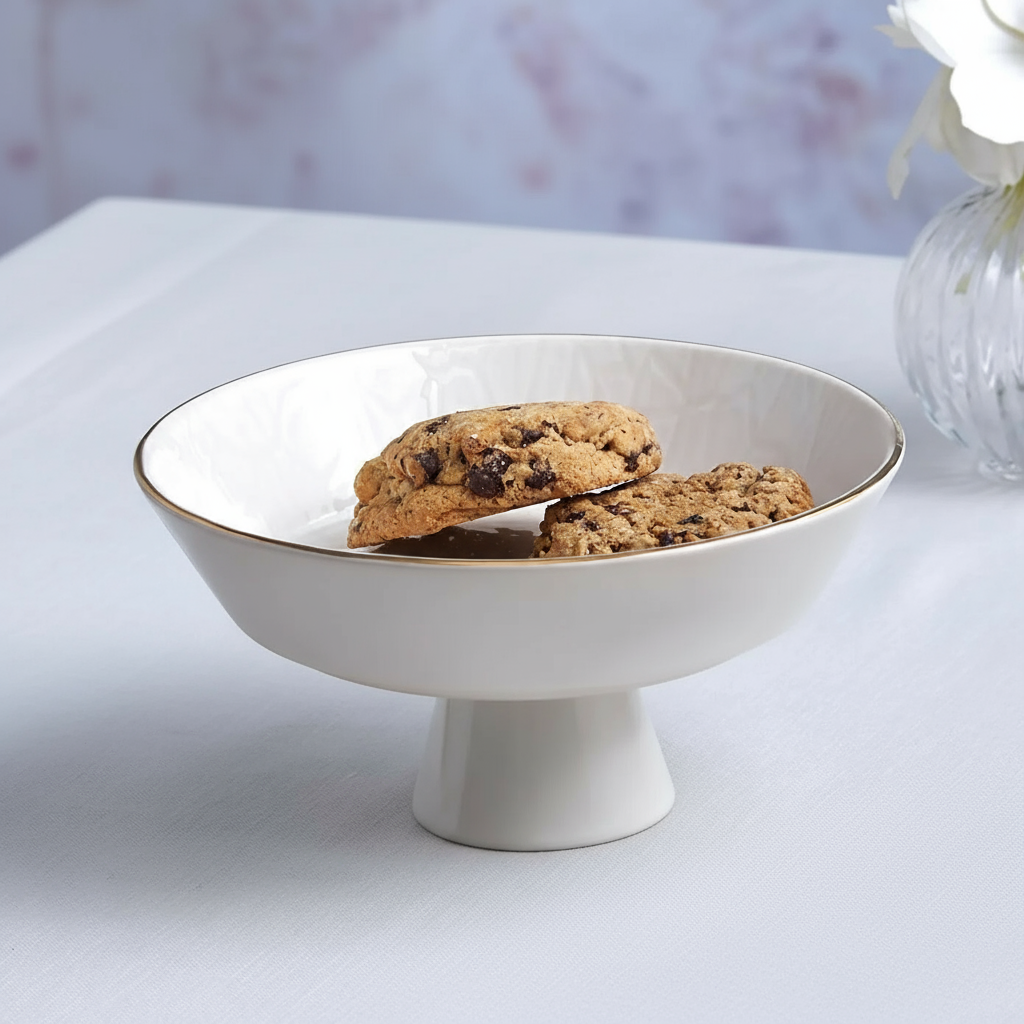 Karaca Calvin Porcelæn Serveringsskål På Fod | Hvid/Guld | 20 cm