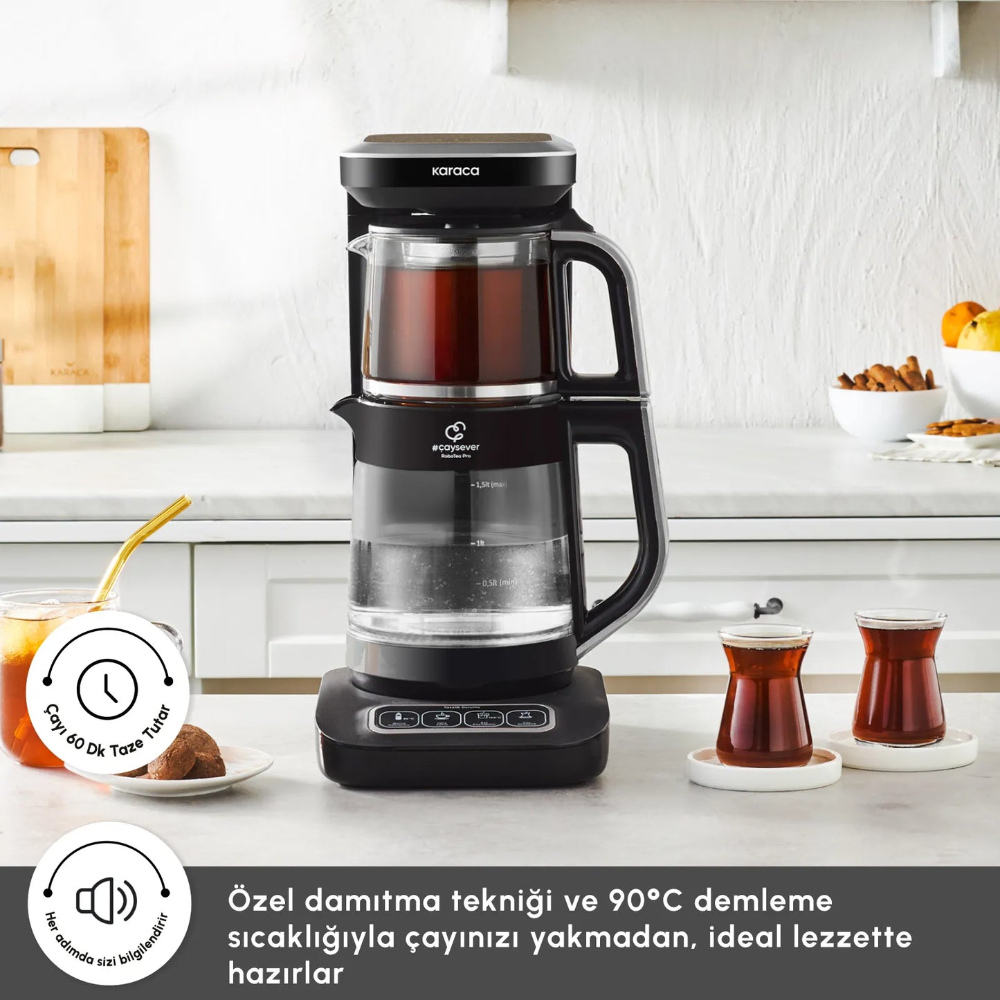 Karaca Çaysever Robotea Pro Connect 4-i-1 Talende Glaste­maskine – Sølv
