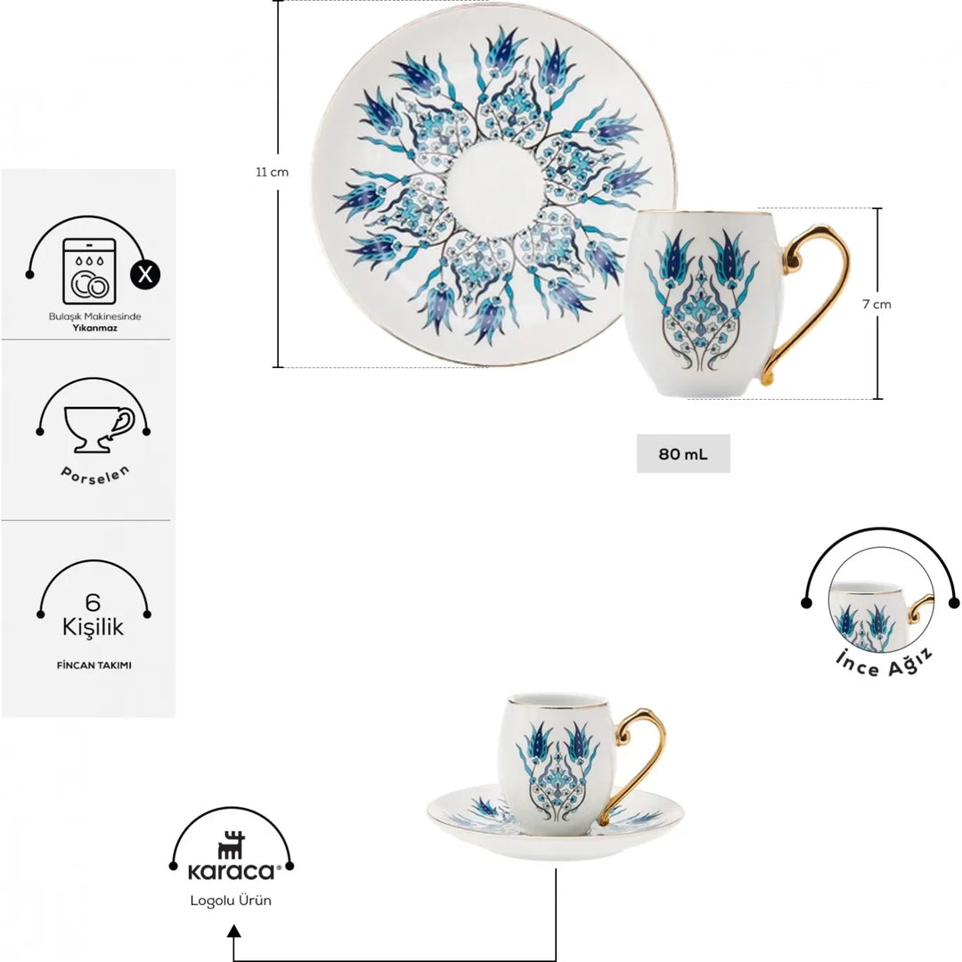 Karaca İznik Espresso Kaffekop­sæt til 6 personer, 80 ml