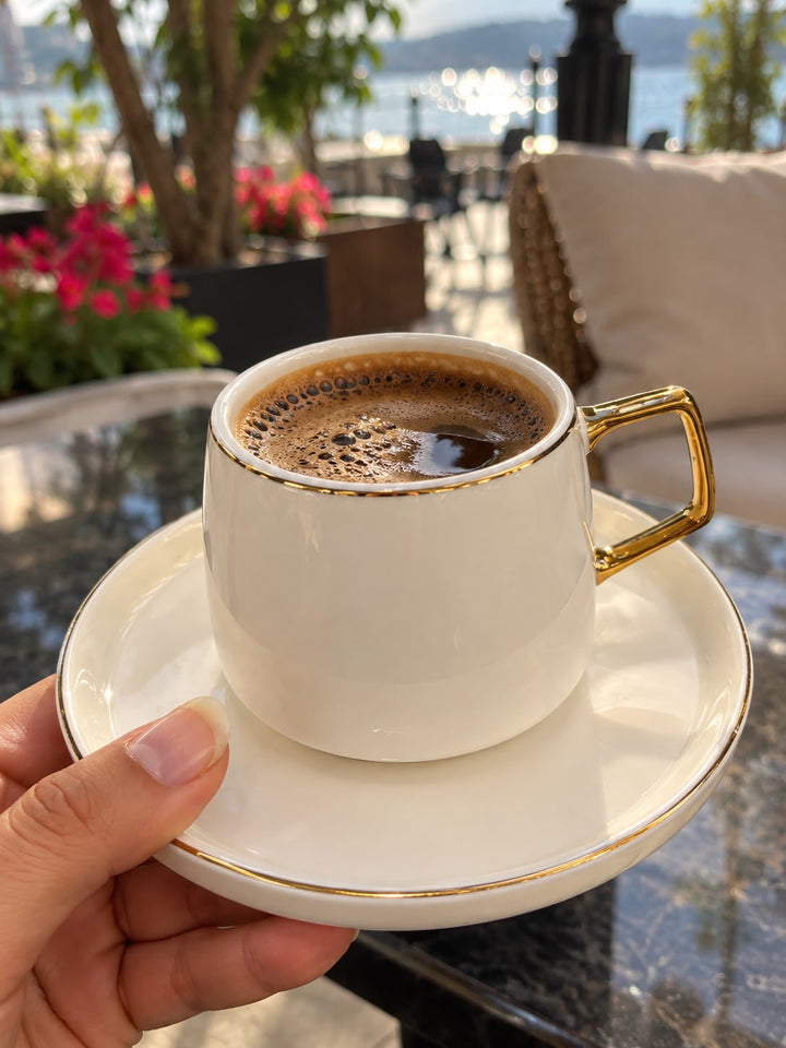 Karaca - Streamline Saturn Espressosæt - 100 ml | Porcelæn | Hvid m/guldkant | 12 dele | 6 pers.