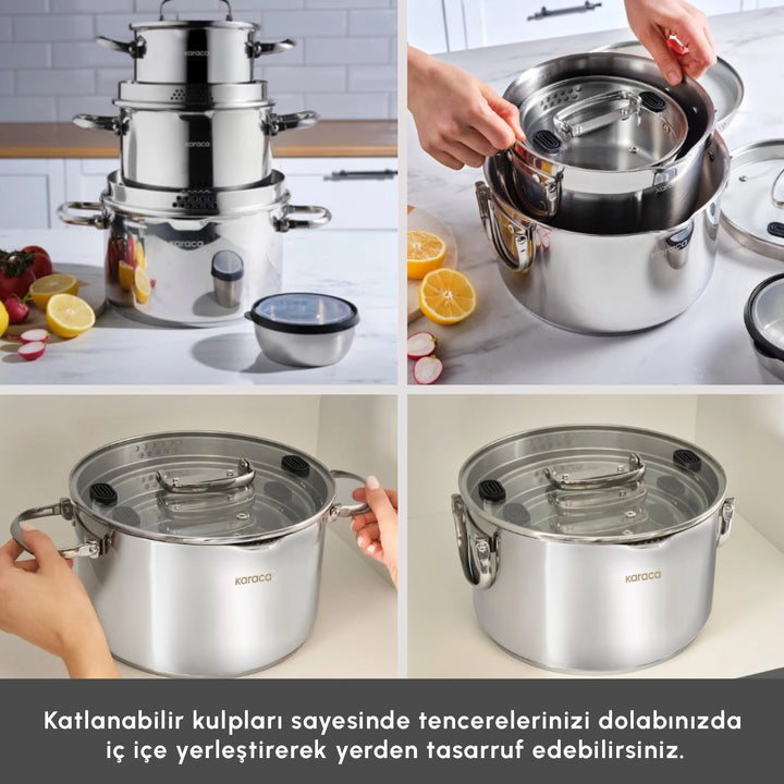 Karaca Burgaz – 8 dele Stålgrydesæt med Foldbare Håndtag