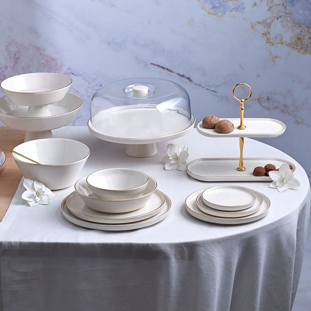 Karaca Calvin Porcelæn Serveringsskål På Fod | Hvid/Guld | 24 cm