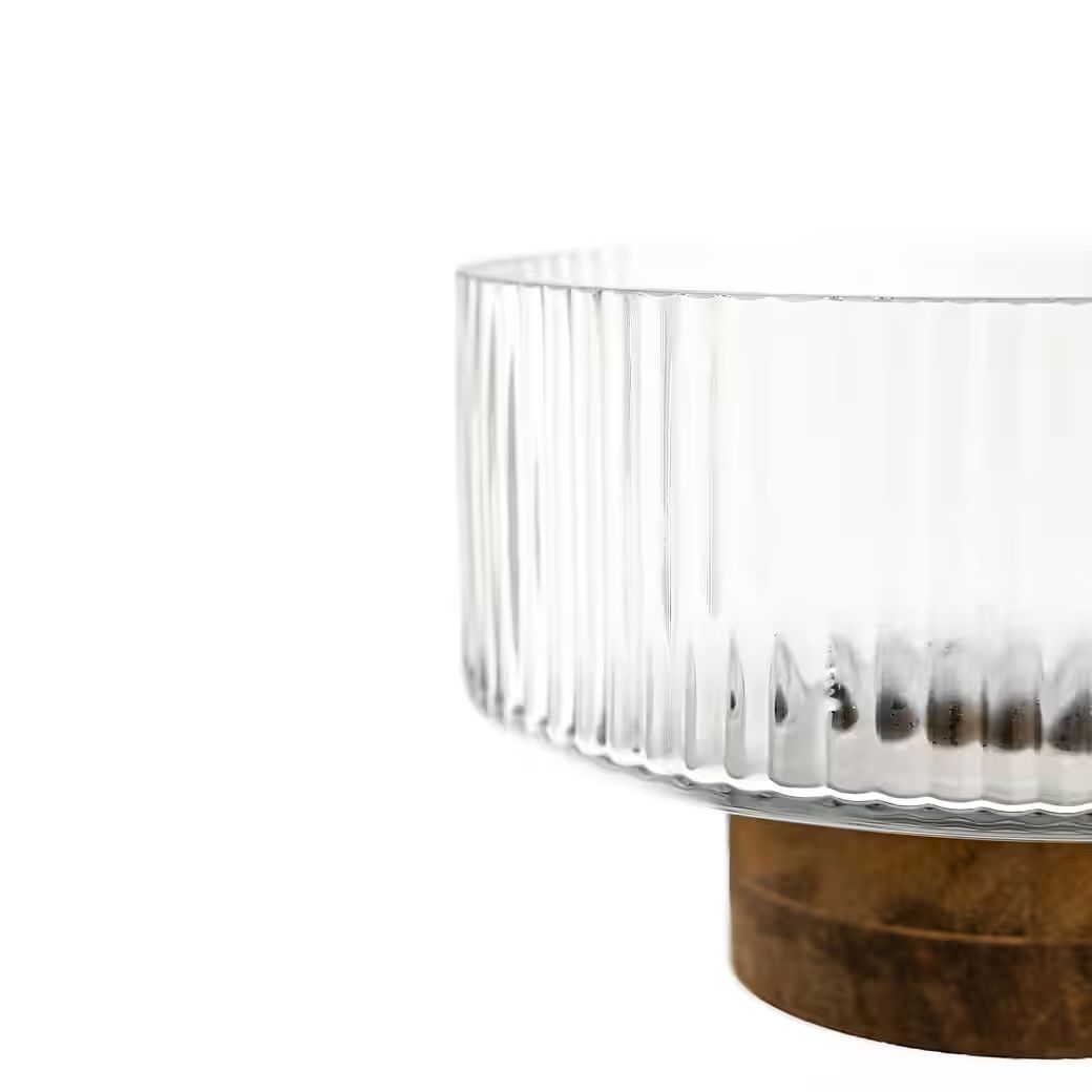 Almina - Terra Bowl Medio glasskål på træfod - Ø14 cm | Glas/akacietræ | Klar/brun
