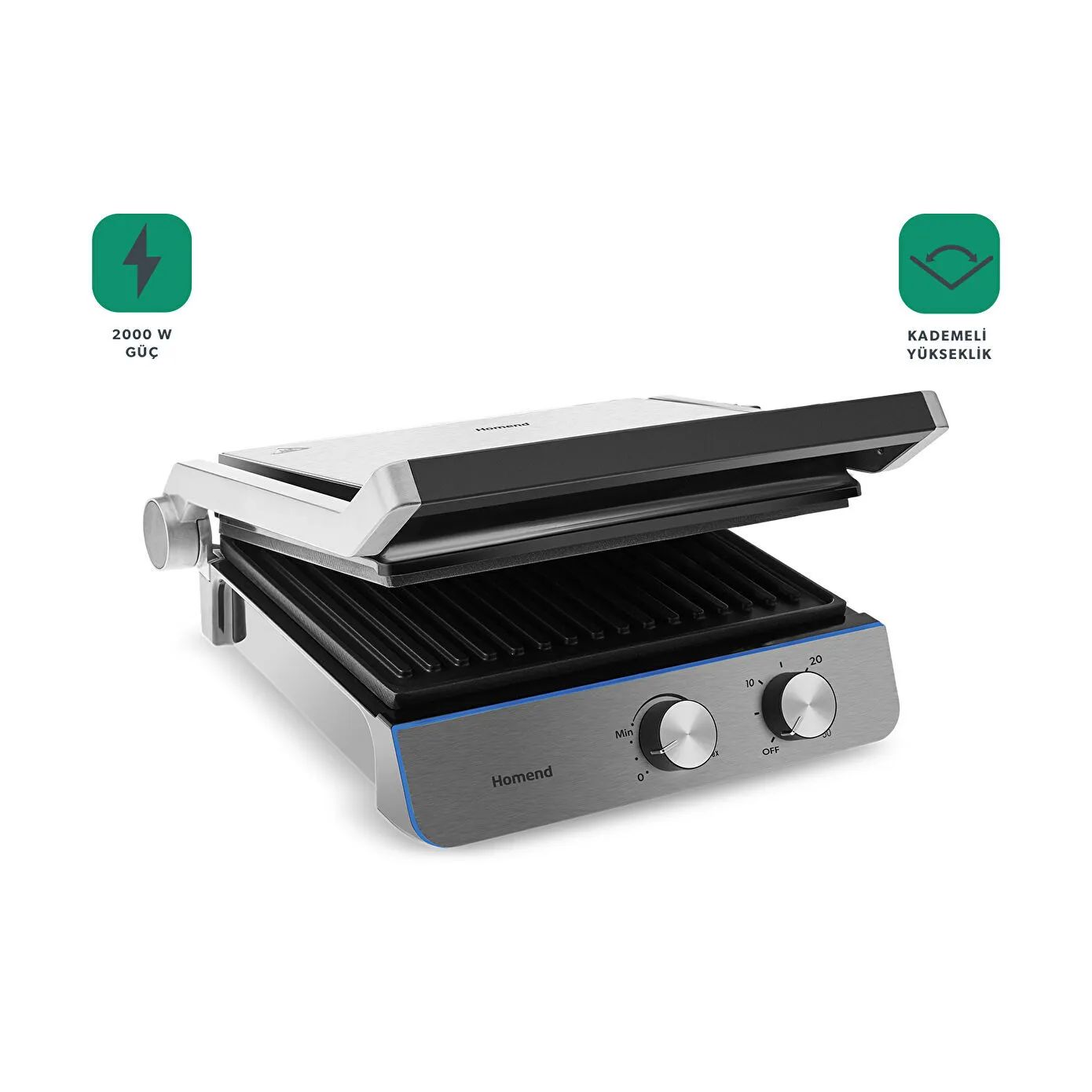 Homend Grilliant 1344H - Rustfrit Stål Grill & Brødrister med Støbejernsplader | 2000W