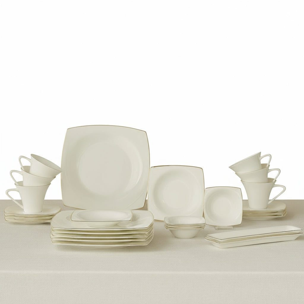 Karaca Fine Pearl Ragusa Porcelænssæt Guldkant og sølv kant – 26 dele, 6 personer. LUKSUS OG HELT UNIK SPISESTEL.KUN 999  SPAR 50 %