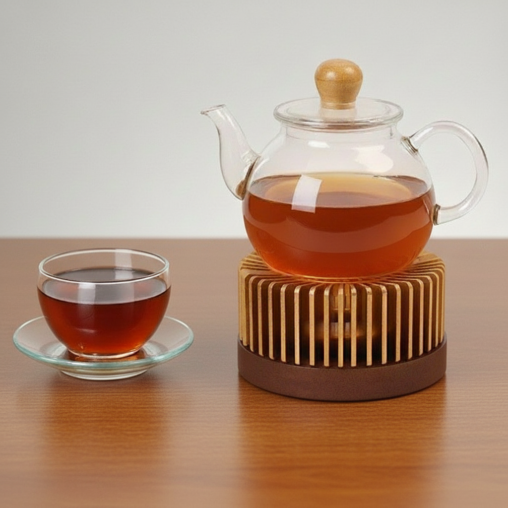 Tepottevarmer til Fyrfadslys - Rillet - Guld/Mørk Træ - 11x6 cm