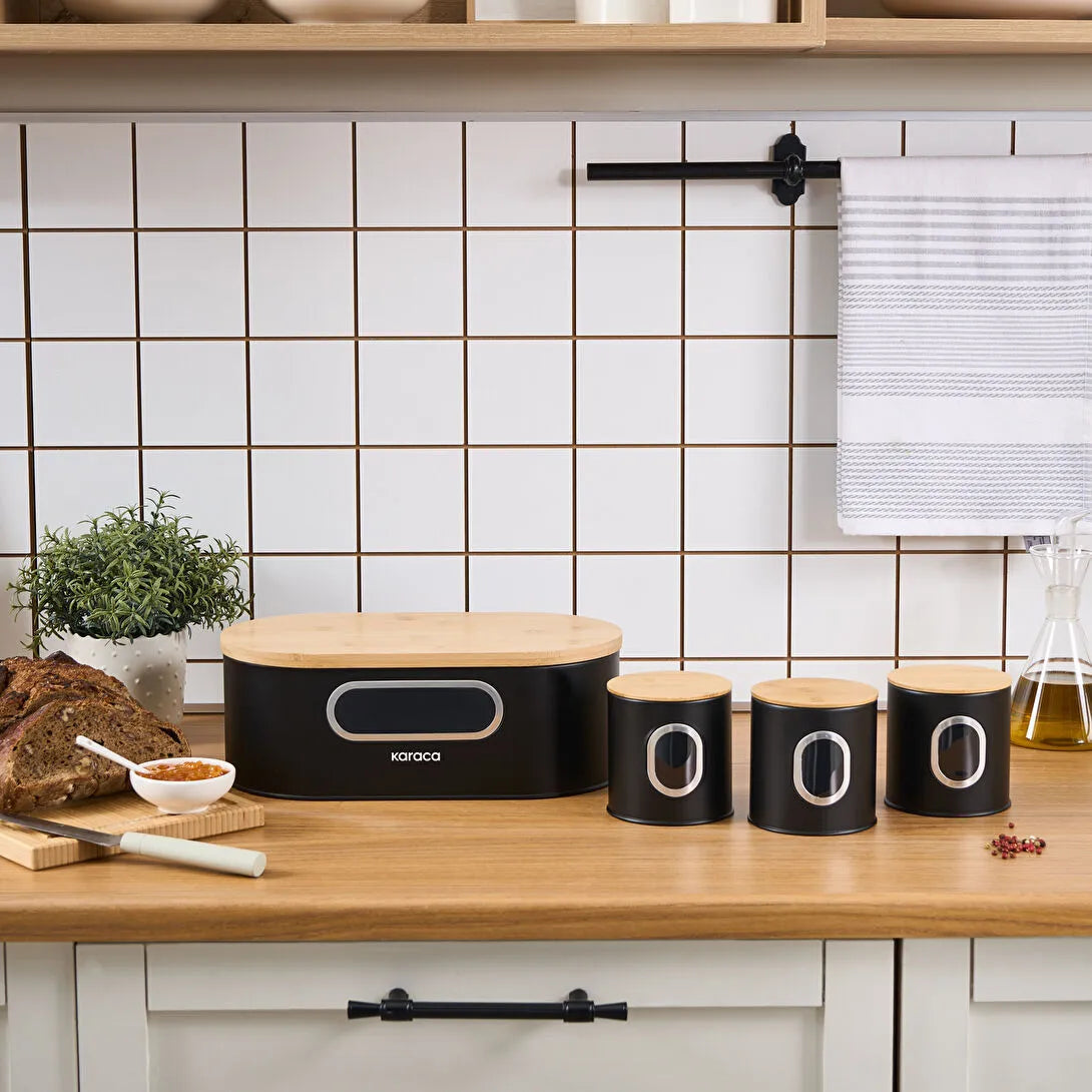 Karaca Premium Brødkasse Sæt med Bambuslåg – Inkl. Gratis Opbevaringskrukke Sort