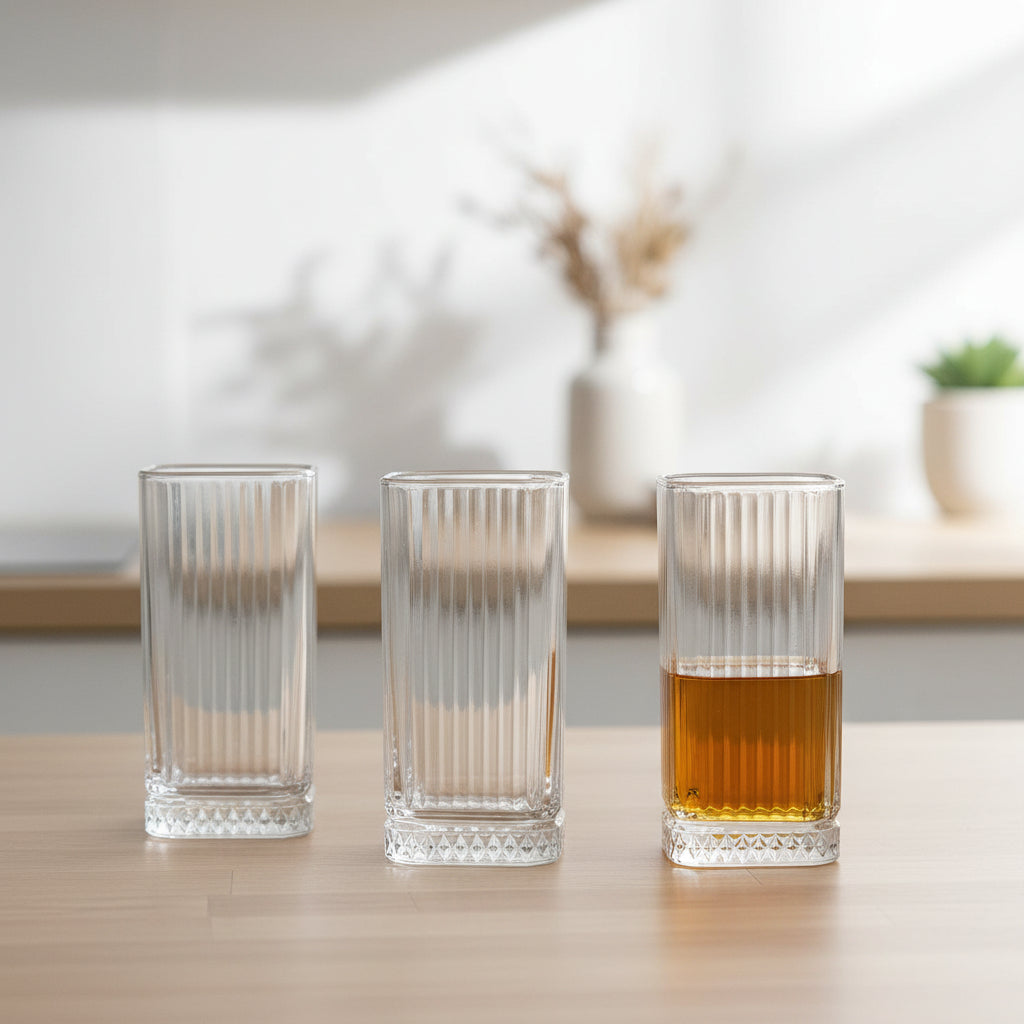 Diamonds - Høj Riflet Drikkeglassæt - 315 ml. | Glas | Transparent | Kvadratisk | 6 stk.