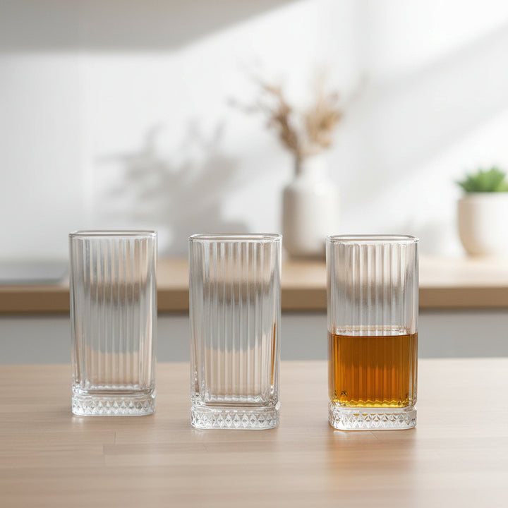 Diamonds - Høj Riflet Drikkeglassæt - 315 ml. | Glas | Transparent | Kvadratisk | 6 stk.