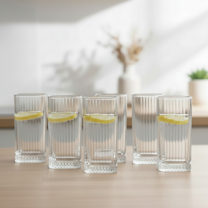 Diamonds - Høj Riflet Drikkeglassæt - 315 ml. | Glas | Transparent | Kvadratisk | 6 stk.