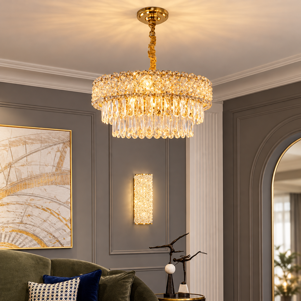 Luxury Living - LED Krystal Loftlampe - 3 Lysindstillinger | 56x56x24 cm | Guldfinish