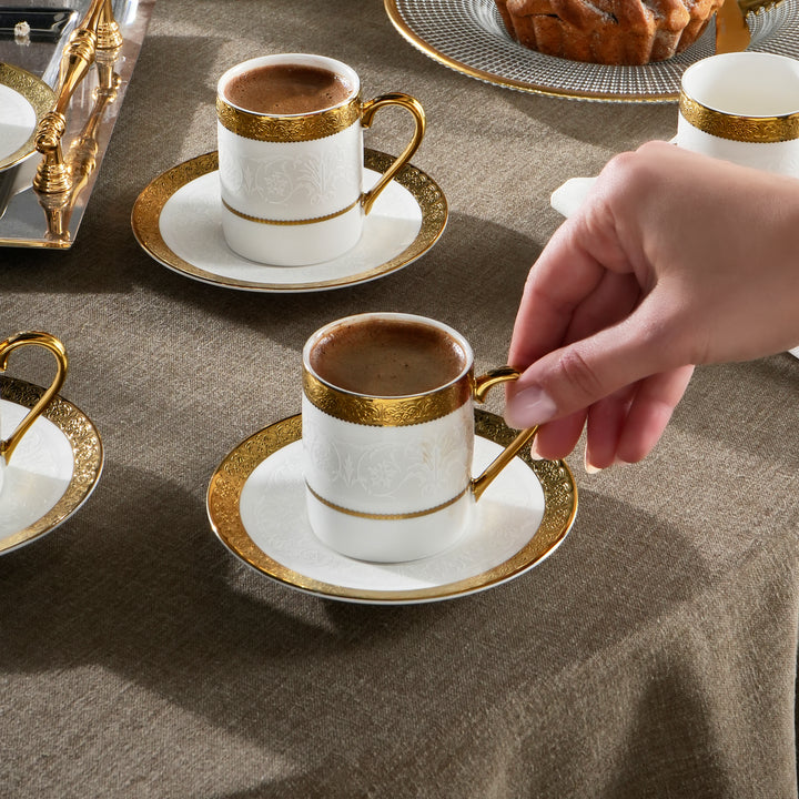 Karaca Royal Bone Victoria Kaffekopsæt - 6 Pers. - 90 ml - Hvid/Guld