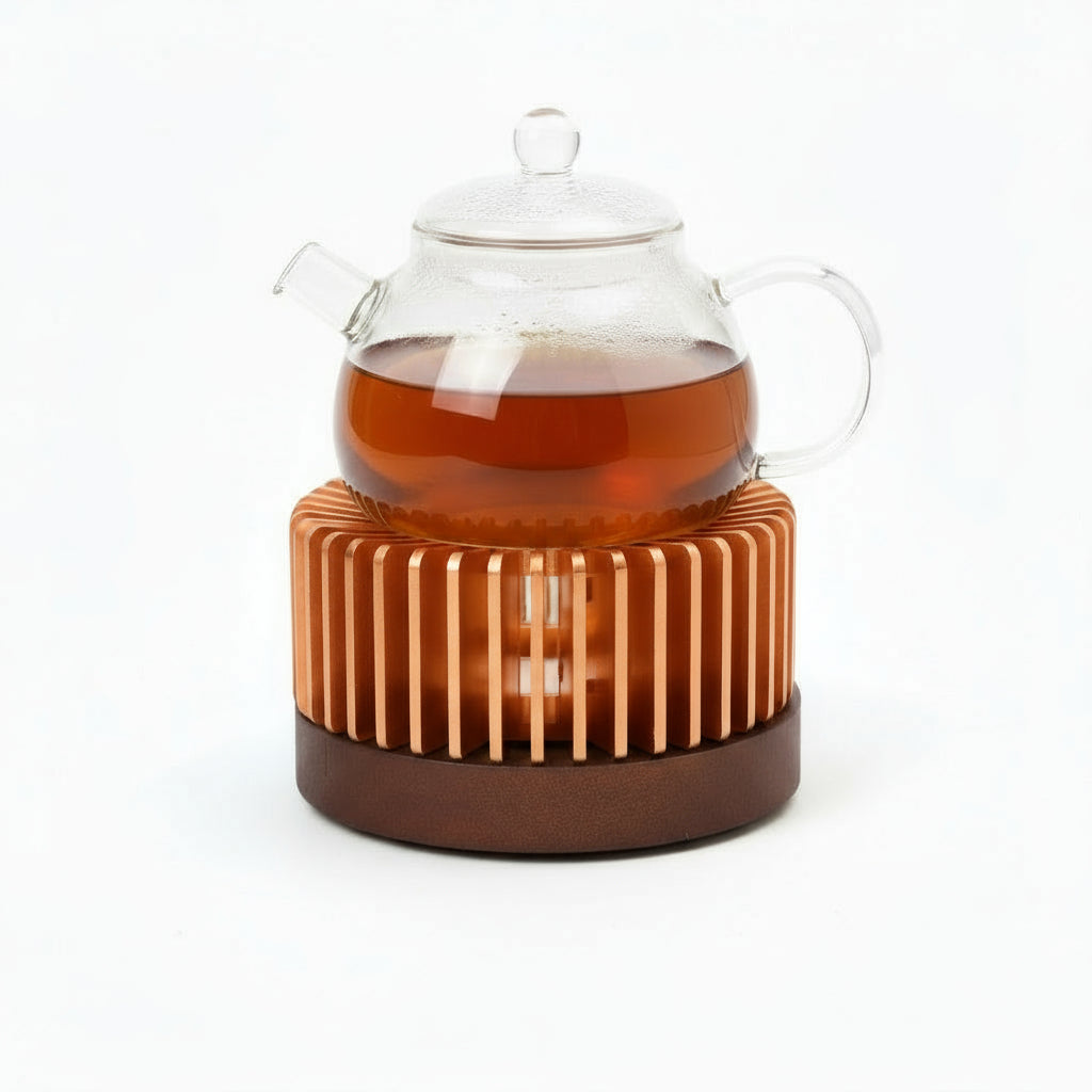 Tepottevarmer til Fyrfadslys - Rillet - Kobber/Mørk Træ - 11x6 cm