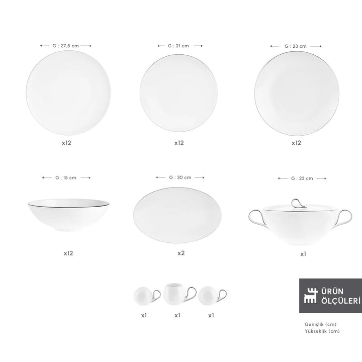 Karaca Fine Pearl Extra Chanak Middagssæt | 55 dele | 12 personer | Sølv