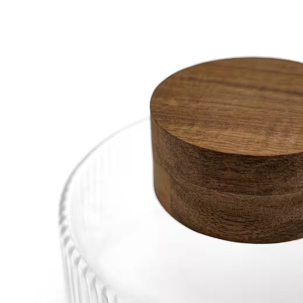 Almina - Terra Bowl Medio glasskål på træfod - Ø14 cm | Glas/akacietræ | Klar/brun