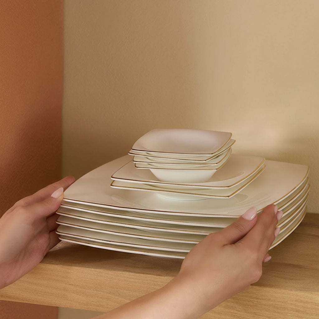 Karaca Fine Pearl Ragusa Porcelænssæt Guldkant og sølv kant – 26 dele, 6 personer. LUKSUS OG HELT UNIK SPISESTEL.KUN 999  SPAR 50 %