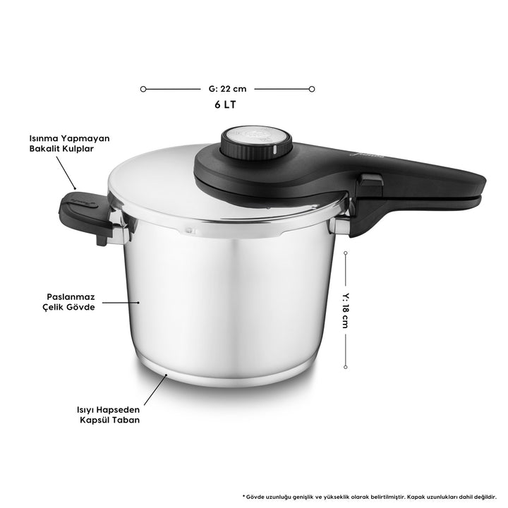 Karaca Jumbo Prime Master Trykkoger i Rustfrit Stål – 6 L / 22 cm