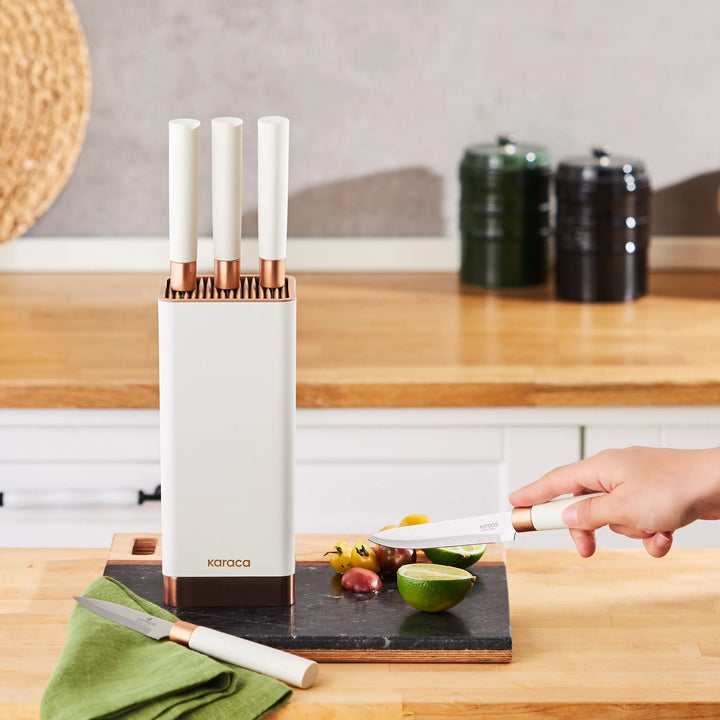 Karaca Skycut Knivsæt m/Stand og Kødøkse – 6 dele – Creme