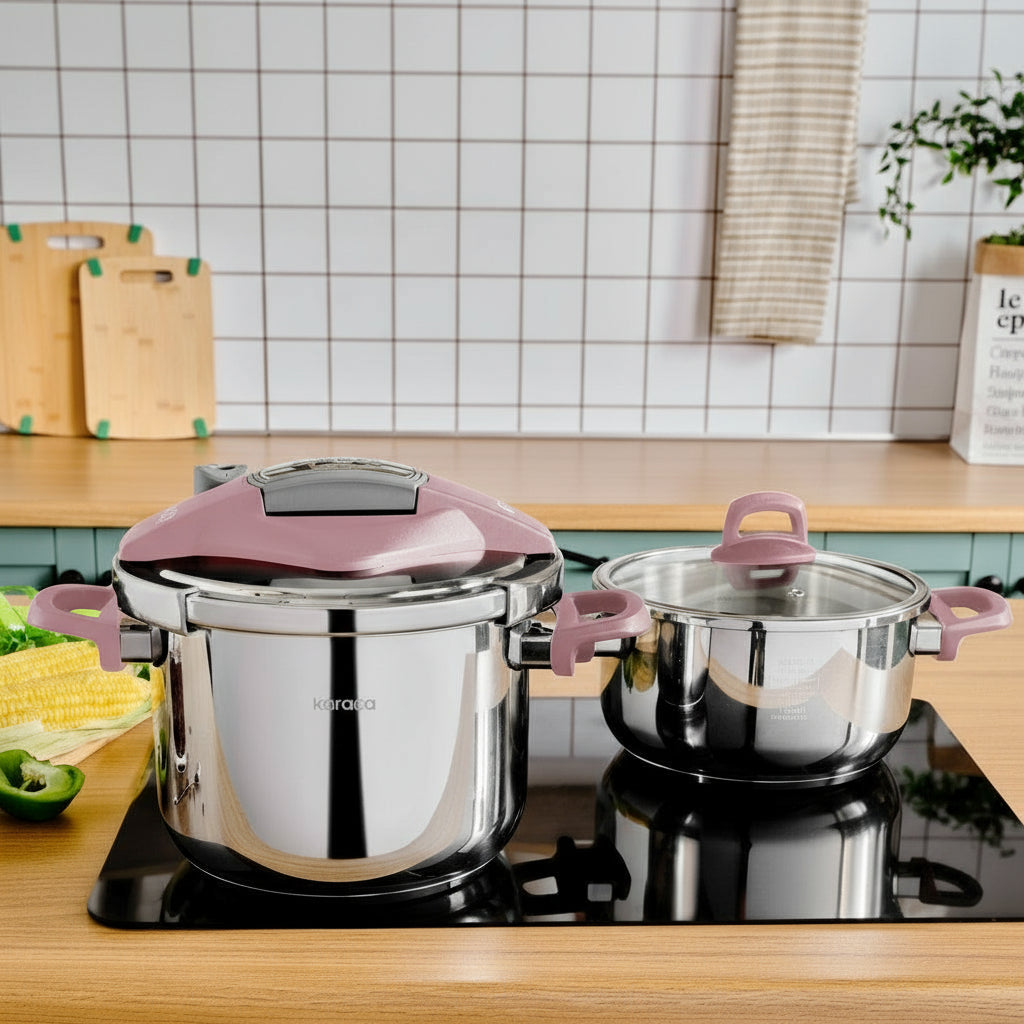Karaca Perfect Pink Trykkoger-sæt med induktionsbund | 4 + 6 liter | Rustfrit stål