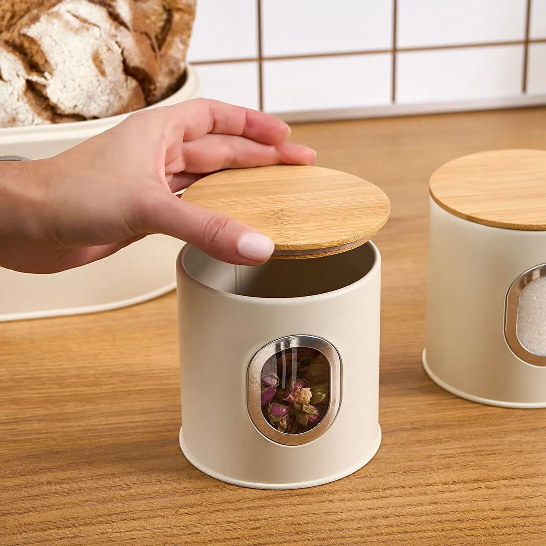 Karaca Premium Brødkasse Sæt med Bambuslåg – Inkl. Gratis Opbevaringskrukke Cream