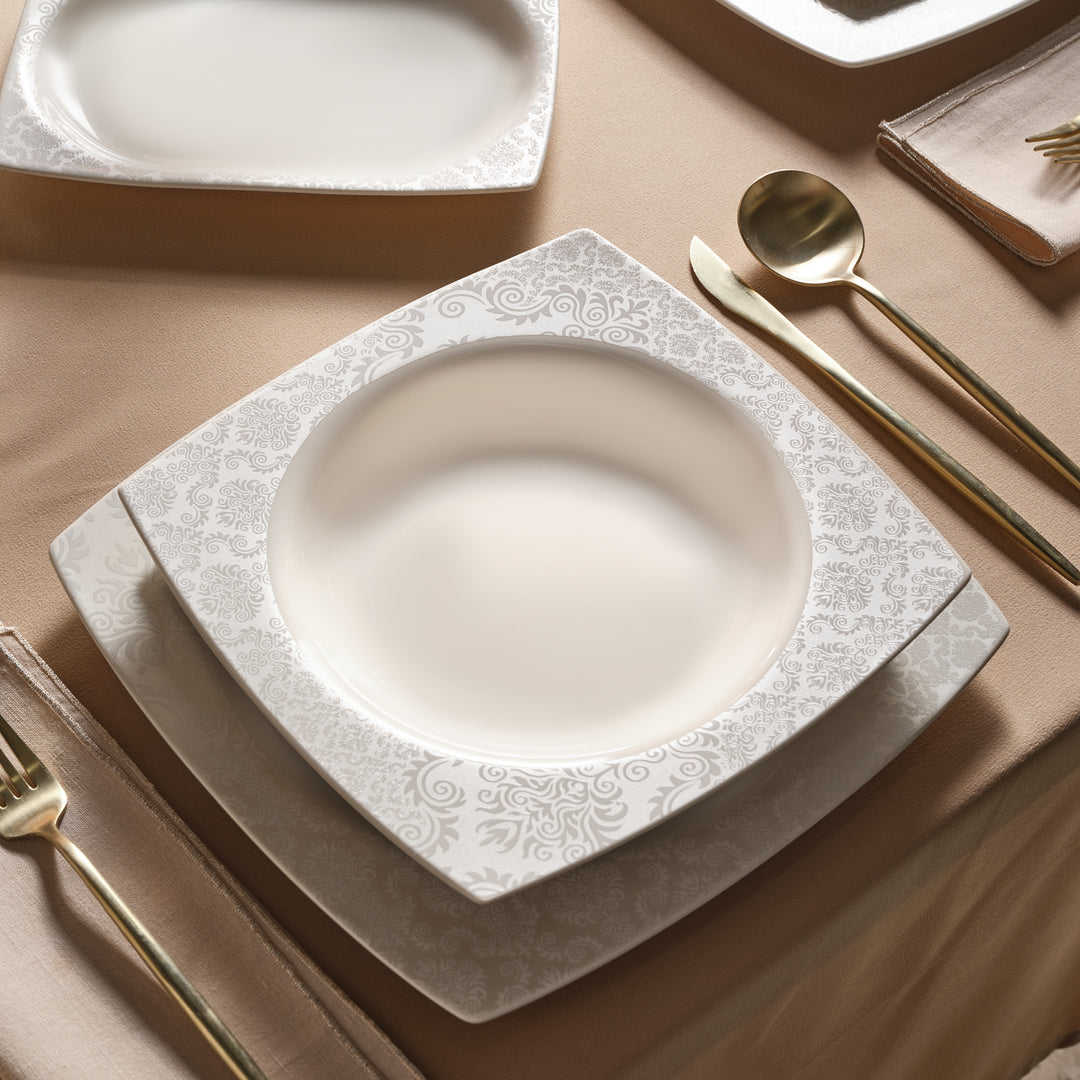 Karaca Square Bone - Bridal Tallerkensæt - 60 Dele | 12 Personer | Hvid/mønstret