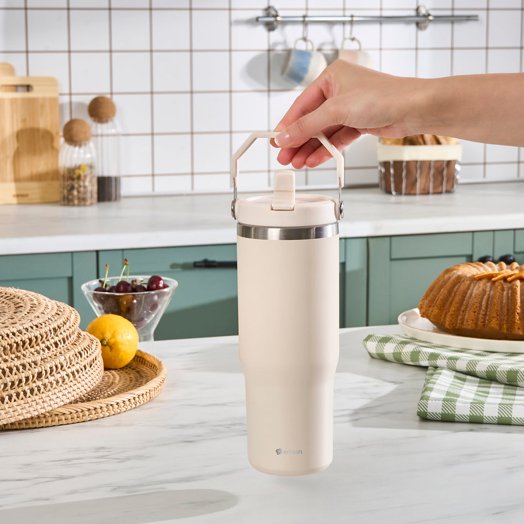 Emsan - Star Ice Termokande med sugerør - 900 ml | cremefarvet