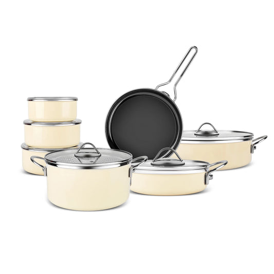 Karaca Erva 14 dele Emalje Grydesæt med Induktionsbund 28-24-18 cm – Creme